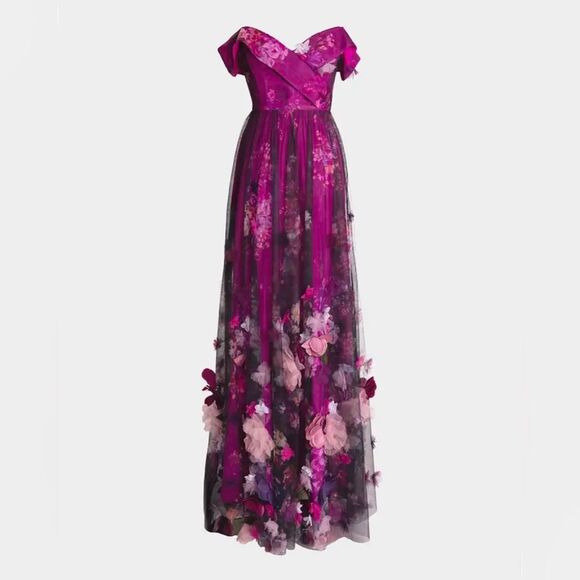 NWT Dress the Population Aurea Floral Print Off the Shoulder Gown Magenta Multi - Picture 2 of 16